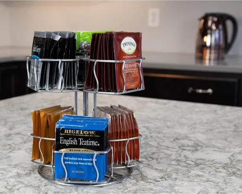 Vista 7 de Nifty - Carrusel giratorio de bolsitas de té, 6 compartimentos, hasta 60 bolsas de té, giros de 360 grados, plataforma Lazy Susan, diseño cromado