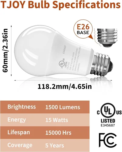 Vista 2 de Bombillas LED TJOY, equivalentes a 100 vatios A19, blanco cálido suave de 2700K, bombillas de ahorro energético con base estándar E26, 1500 lúmenes