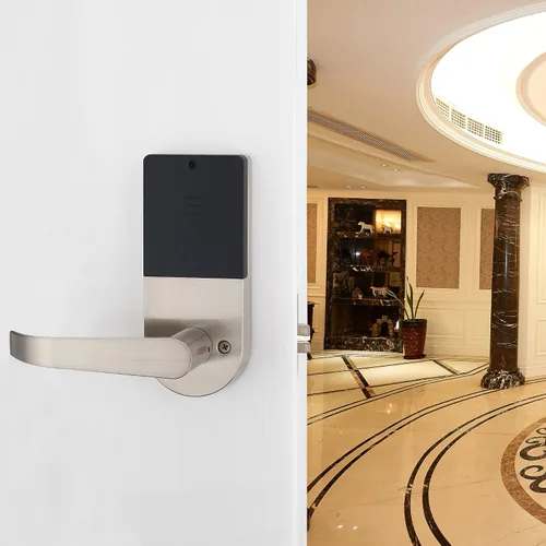 Vista 6 de Cerradura digital para puerta, desbloquea con control remoto, Tarjeta, código y llave M1, Manija con dirección reversible.