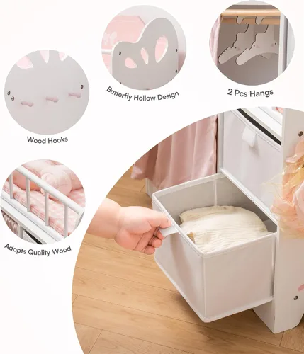 Vista 7 de ROBOTIME Cuna para muñeca, cama de madera para muñecas, cuna de juguete con almacenamiento, ropa de cama y ganchos de madera, cuna para muñecas