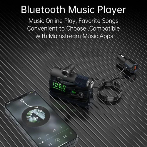 Vista 4 de Transmisor Bluetooth Fm, 2 micrófonos y QC3.0 + Tipo-C PD 18W HiFi Bass, adaptador Bluetooth para automóvil compatible con llamadas manos libres