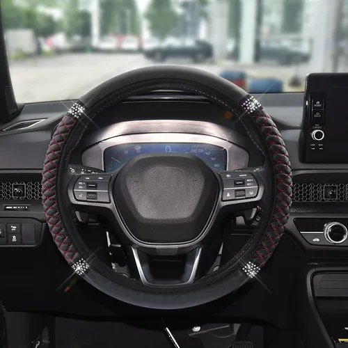 Vista 21 de Funda de Volante de Cuero Suave con Brillos, 15 Pulgadas, con Diamantes de Imitación Coloridos, Protector de Volante Elástico Automático