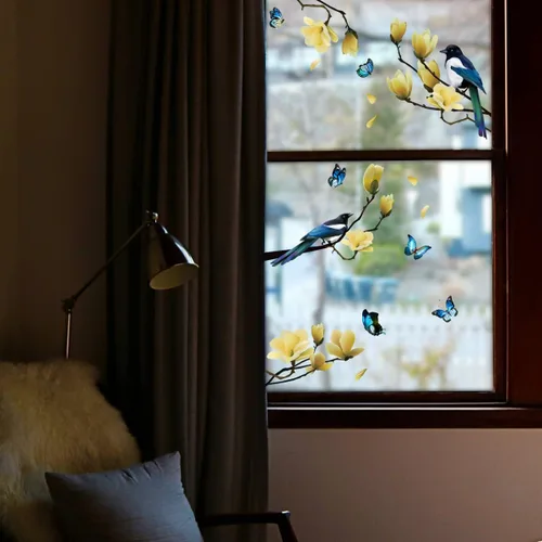 Vista 5 de Ohmywor 32 calcomanías de ventana de resorte de mariposa con diseño de pájaros en ramas de magnolia anticolisión para ataques de pájaros