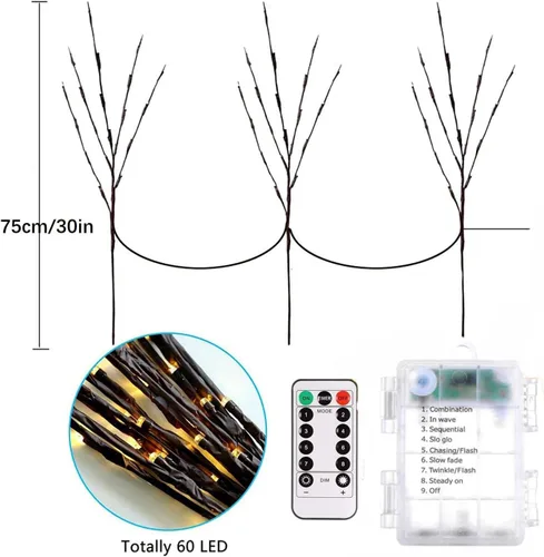 Vista 4 de Lxcom Lighting Luces LED de rama, paquete de 3 unidades, 20 luces LED decorativas, funciona con pilas, con temporizador, ramas iluminadas, ramas