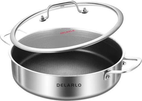 Vista 17 de DELARLO Sartén de tres capas de acero inoxidable de 10 pulgadas Sartén de freír profunda de 3QT con tapa Sartén de saltear con tapa Compatible