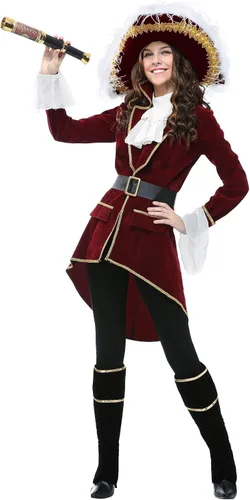 Vista 5 de Adult Captain Hook Costume Womens, Neverland Fancy Maroon Pirate Halloween Outfit