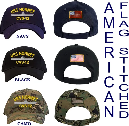 Vista 4 de Spiffy Custom Gifts Gorra de béisbol bordada personalizada USS Hornet CVS-12 azul marino, marino