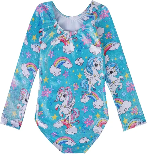 Vista 3 de EQSJIU Leotardos de gimnasia para niñas y niños, diseño brillante, arco iris, galaxia, aurora, colorido, mariposa, flor, bailarina