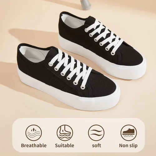 Vista 5 de Waluzs Zapatos deportivos de plataforma para mujer, zapatos de plataforma baja con cordones, zapatos de lona para mujer, zapatos de tenis blancos