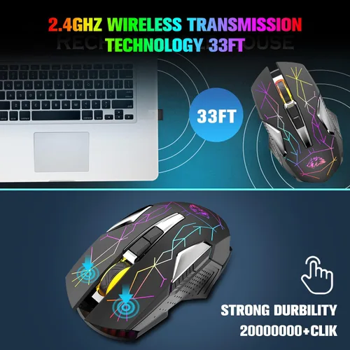 Vista 3 de Ratón inalámbrico para juegos recargable con retroiluminación RGB de arcoíris silencioso, 2.4 G, sensor óptico de 3 niveles DPI, computadora