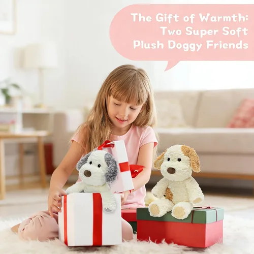 Vista 3 de MorisMos Juego de 2 peluches para perros, juego de juguetes de peluche para cachorros de 11.8 pulgadas, peluches suaves de perro gris y amarillo