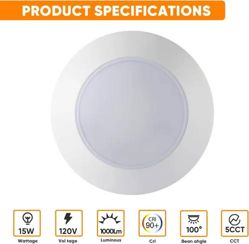 Vista 2 de Luz de disco LED de montaje empotrado de 7.5 pulgadas para latas empotradas de 5/6 pulgadas o caja J de 4 pulgadas, CRI90, 1000 lm, 15 W, 5CCT luz