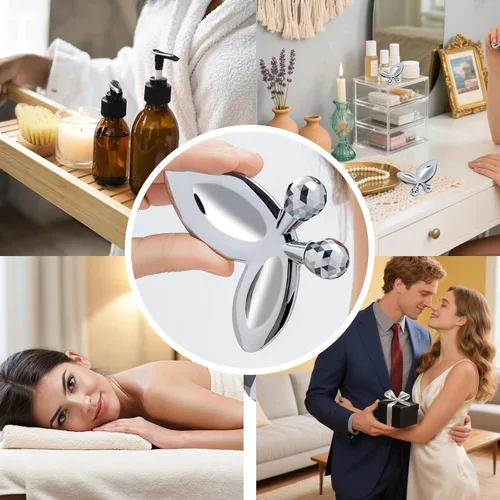 Vista 8 de Herramientas faciales Gua Sha de acero inoxidable, rodillo facial de mariposa 3D para mujeres, herramienta de guasha 2 en 1 para apretar la piel