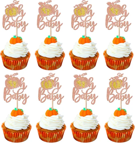 Vista 20 de Paquete de 24 adornos para cupcakes de calabaza con purpurina para cupcakes de calabaza para Acción de Gracias, baby shower, decoración de cupcakes