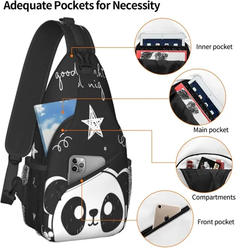 Vista 4 de zcvojmu Mochila tipo bandolera, bandolera para hombres y mujeres, viajes, senderismo, mochila con patrón de cuerda, pecho y hombro, Panda