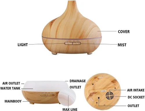 Vista 4 de Difusor de aceite esencial aromático, 16.9 fl oz de grano de madera, humidificador ultrasónico silencioso de niebla fría con luces LED de color que