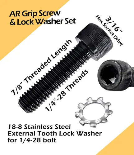 Vista 2 de Tornillo de agarre AR de cabeza hexagonal (Allen) de 1/4"-28x7/8" con arandela de bloqueo de estrella de acero inoxidable para nueva construcción
