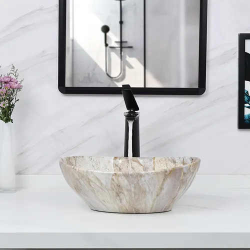 Vista 3 de Davivy Lavabo Ovalado de Veteado Nórdico de 16'' X 13'' con Desagüe Pop Up, Lavabo de Cerámica, Lavabos de Baño Sobre Encimera, Lavabos de Baño