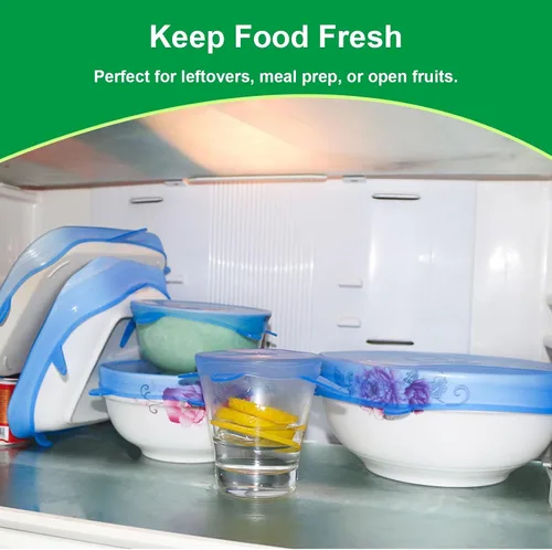Vista 5 de Tapas elásticas de silicona, paquete de 6 fundas reutilizables para alimentos, silicona flexible para cuencos, recipientes, frutas, sello hermético