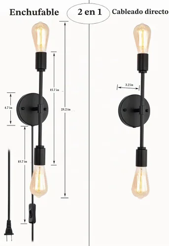 Vista 5 de Lámparas de tocador de baño negras de 2 luces, modernas lámparas de pared industriales con cable de interruptor de encendido/apagado, juego de dos