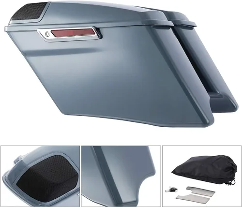Vista 2 de Alforjas de ABS extendidas gris Gunship de 4 pulgadas para Harley Touring CVO Street Electra Glide 2014-2023