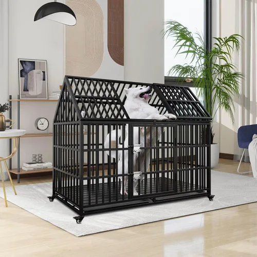 Vista 2 de Jaula para perros resistente de 43 pulgadas, perrera de metal para perros grandes, jaula grande para perros con 2 puertas, 4 ruedas con cerradura