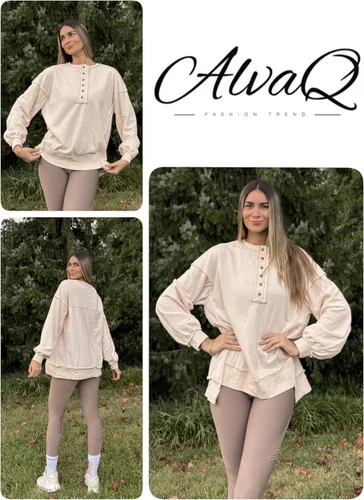 Vista 66 de AlvaQ - Sudadera de gran tamaño para mujer, informal, de manga larga, con botones y cuello Henley, tipo túnica