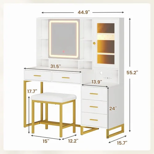 Vista 7 de BTHFST Tocador de maquillaje con taburete tapizado y estación de carga, escritorio con espejo y luces, juego de mesa de tocador con almacenamiento