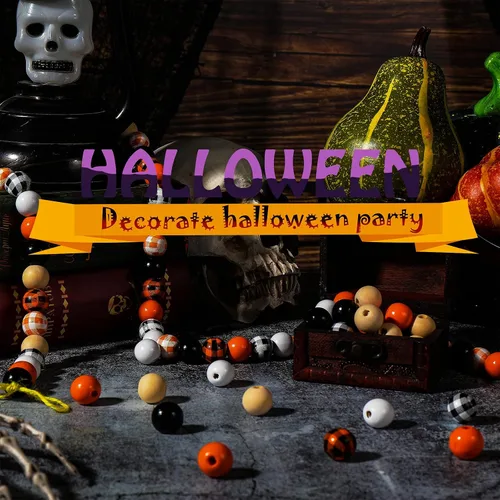 Vista 3 de 200 piezas de cuentas de madera de Halloween con estampado de tartán de búfalo en amarillo, naranja y negro, cuentas espaciadoras de madera redondas