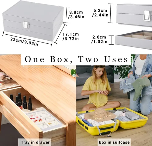 Vista 3 de LOMEVE Joyero con bandeja extraíble, organizador de joyería de piel sintética para mujeres y niñas, 2 capas organizador de joyas para collares
