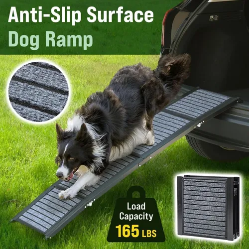Vista 4 de Japard Rampa para perros para automóvil, 63 pulgadas de largo y 17 pulgadas de ancho, rampa portátil plegable para mascotas con superficie