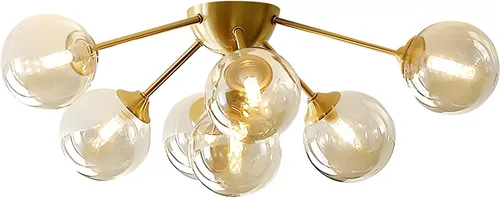 Vista 10 de KCO Iluminación Pequeña Lámpara de Techo de Vidrio Ámbar Burbuja Sputnik de Latón Dorado Montaje Semiempotrado para Cocina Recámara Pasillo