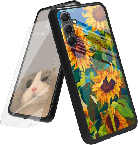 Vista 175 de Funda para Samsung Galaxy A12 5G con protector de pantalla, parte trasera de vidrio templado + TPU de silicona suave que absorbe los golpes
