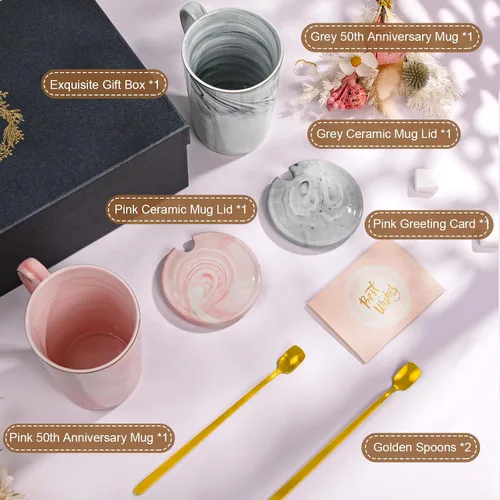 Vista 6 de Biching 50 aniversario de boda para parejas, tazas doradas del 50 aniversario para padres, abuelos, tazas de 14 onzas con cucharas, tapas, tarjeta