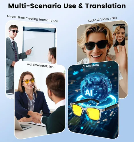 Vista 6 de Lentes inteligentes de traducción AI con GPT de chat para hombres y mujeres, gafas de sol Bluetooth 5.4 con traductor en 100 idiomas y acentos, Gris