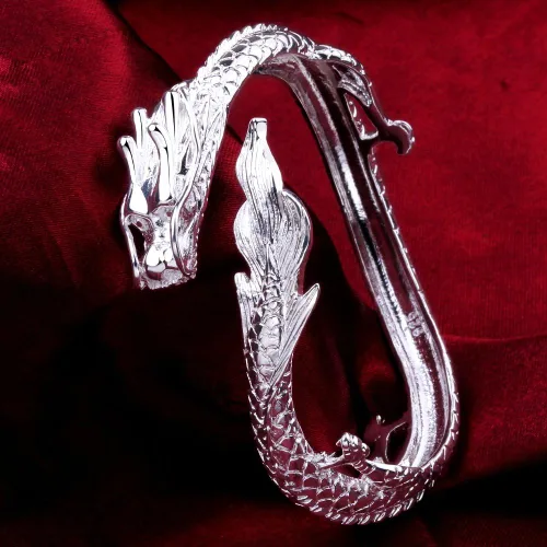Vista 4 de Pulsera de plata de ley 925 antigua con dragón chino elegante para señora caballero