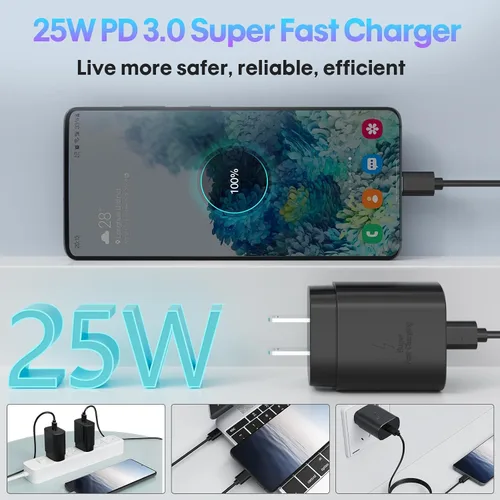 Vista 3 de Cargador Tipo C, Paquete de 2 Bloques de Carga Rápida de 25W Tipo C con Cable Cargador USB C Compatible con Galaxy S23 Ultra/S23+/S22/S21/S20/iPhone