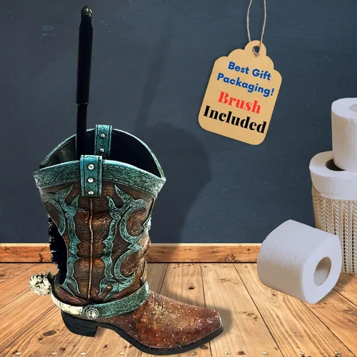 Vista 3 de Portaescobillas de inodoro para botas occidentales, decoración rústica de baño con diseño de bota de vaquero