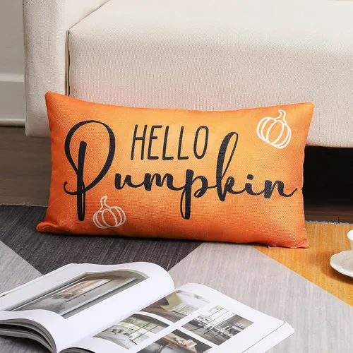 Vista 3 de wyooxoo Fundas de almohada otoñales de 12 x 20 pulgadas, fundas de almohada de otoño con texto en inglés "Hello Pumpkin", fundas de almohada