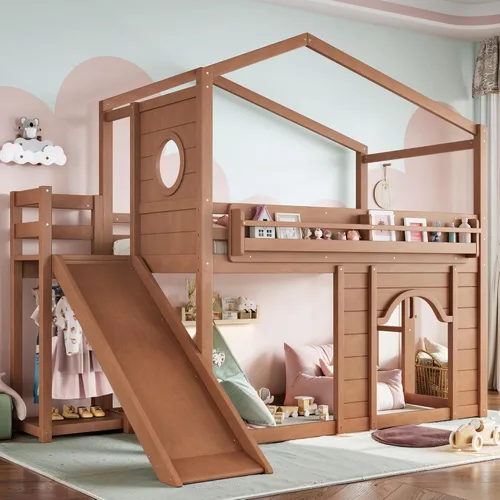 Vista 9 de Harper & Bright Designs Cama tipo loft para niños, tamaño individual, con armario y puerta arqueada, litera de casa con tobogán y estanterías