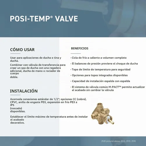 Vista 4 de Válvula empotrada de ajuste de presión Moen de 1/2 pulgada (sin topes) IPS, modelo 2510, Posi-Temp, 2510 Válvula Posi-Temp, Equilibrio de presión