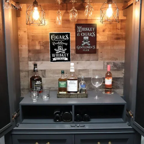 Vista 6 de Letrero de metal de barra de whisky y puros, letrero de metal con texto en inglés "Gentlemen's Club", decoración de póster de aspecto retro, Negro