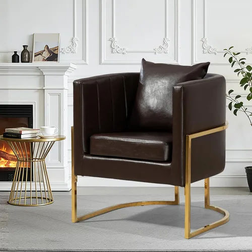 Vista 13 de Silla moderna de cuero, sillón tapizado de mediados de siglo con almohada para sala de estar, cómoda silla de tocador individual con patas doradas