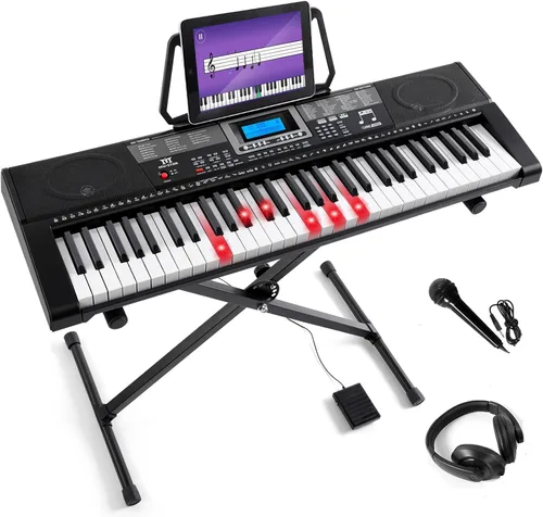 Vista 11 de Teclado de piano de 61 teclas, piano eléctrico con teclas iluminadas, 255 tonos/ritmos, sistema de aprendizaje inteligente, auriculares, micrófono