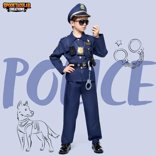 Vista 2 de JOYIN Disfraz de Halloween de policía para niños, disfraz de oficial de policía para niños, atuendo de policía para niños para juego de rol