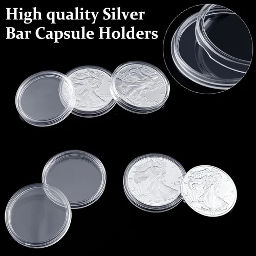 Vista 4 de 50 unidades de moneda de dólar de plata de 1.598 in, soportes de cápsula de barra de plata para barra de colección, redondo