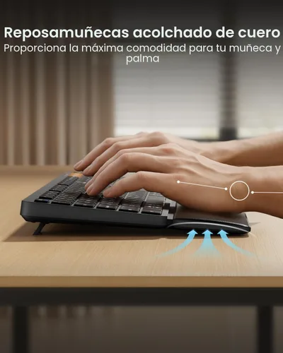 Vista 2 de ProtoArc Combo de teclado y mouse Bluetooth, KM60 Bluetooth + USB multidispositivo recargable, reposamuñecas, juego de teclado y mouse inalámbrico