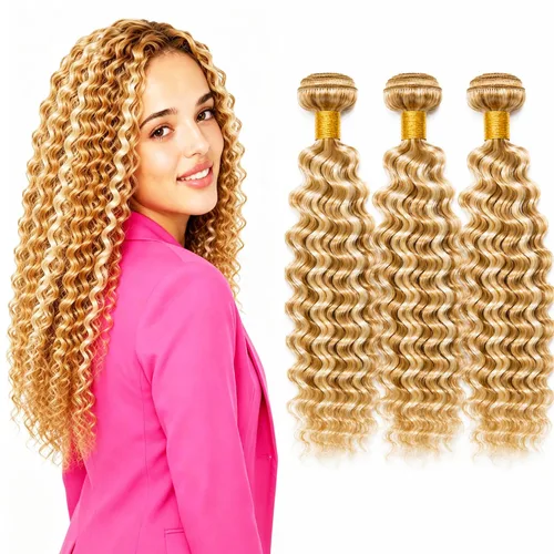 Vista 95 de P4613 Cabello humano rizado onda profunda marrón y paquetes mixtos 8 10 12 P4613 Ombre Marrón-Rubio-DP
