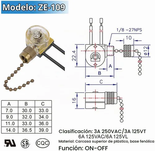 Vista 6 de Zing Ear ZE-109 - Interruptor de ventilador de techo, velocidad de encendido y apagado con cadena de tracción compatible con ventiladores de luz