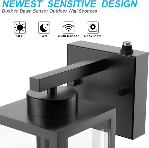 Vista 2 de Tipace Paquete de 2 faroles de pared para exteriores con sensor de atardecer a amanecer, accesorios de luz exterior con sensor negro mate, aplique
